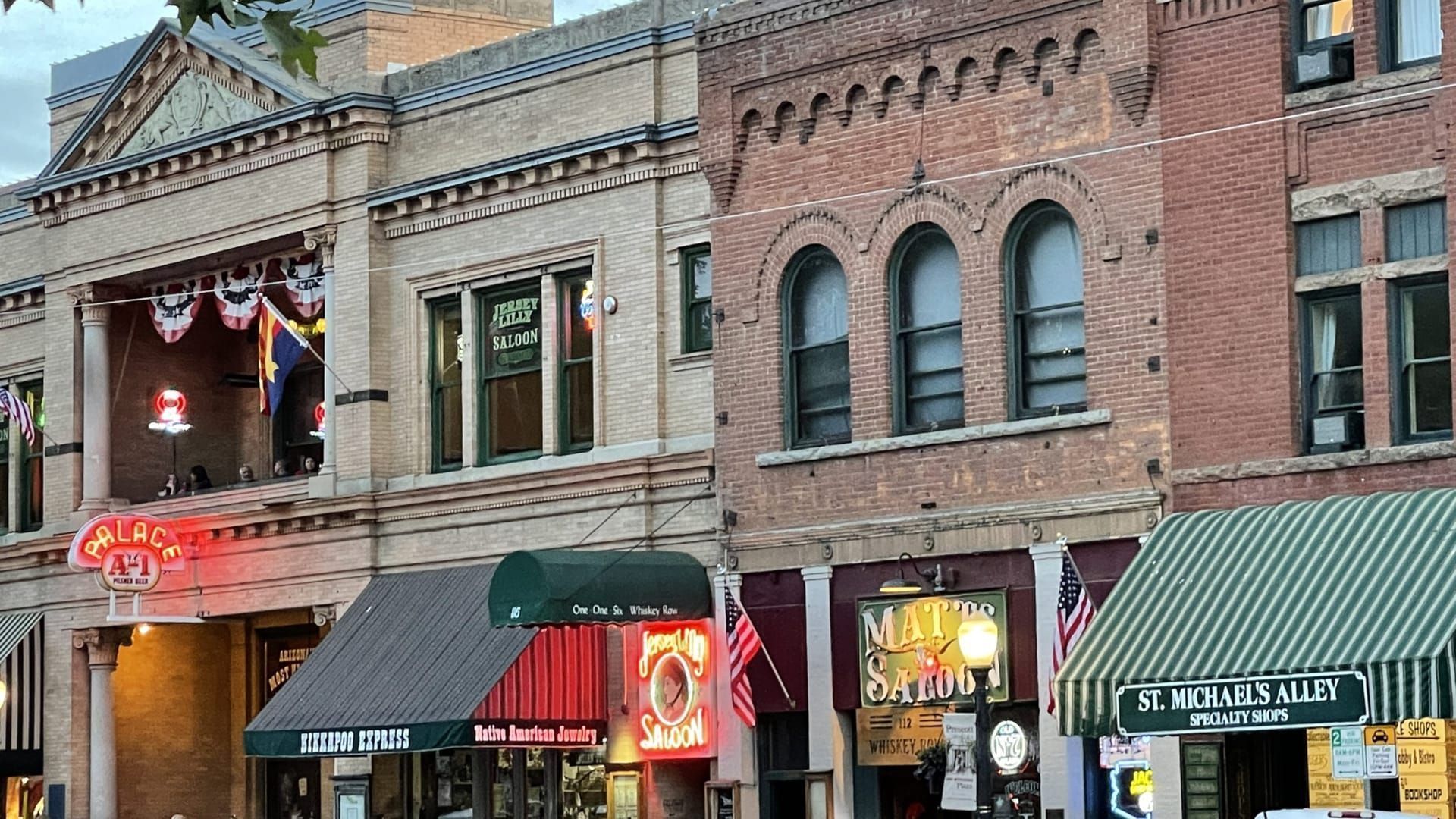 Historic Whiskey Row at dusk on the Yavapai County Courthouse Plaza in downtown Prescott, Arizona
