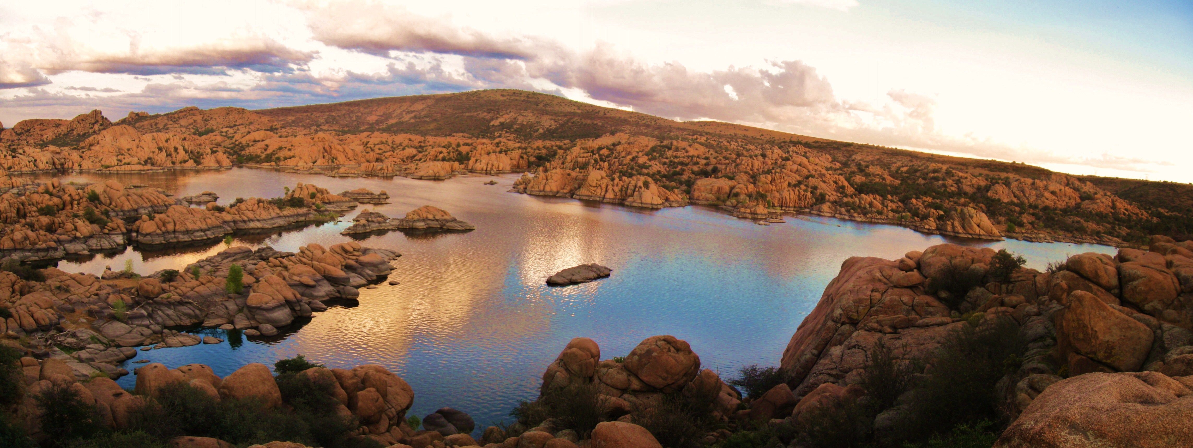 Watson Lake Park (ceremony pad), Watson Lake panorama at sunset with Granite Dells boulders in Prescott, Arizona