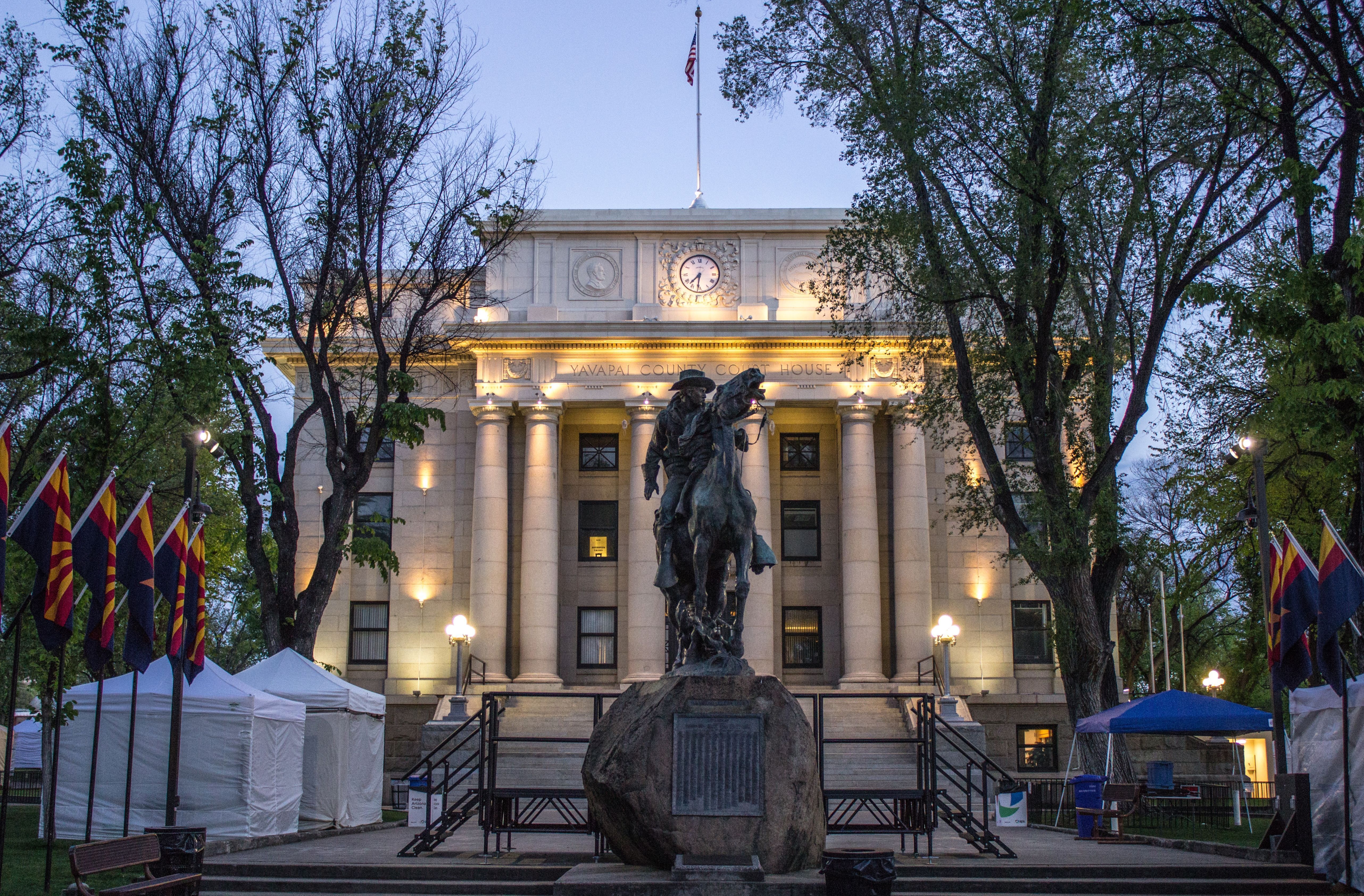 Yavapai County Courthouse and Bucky O'Neill rough rider statue in downtown Prescott, Arizona