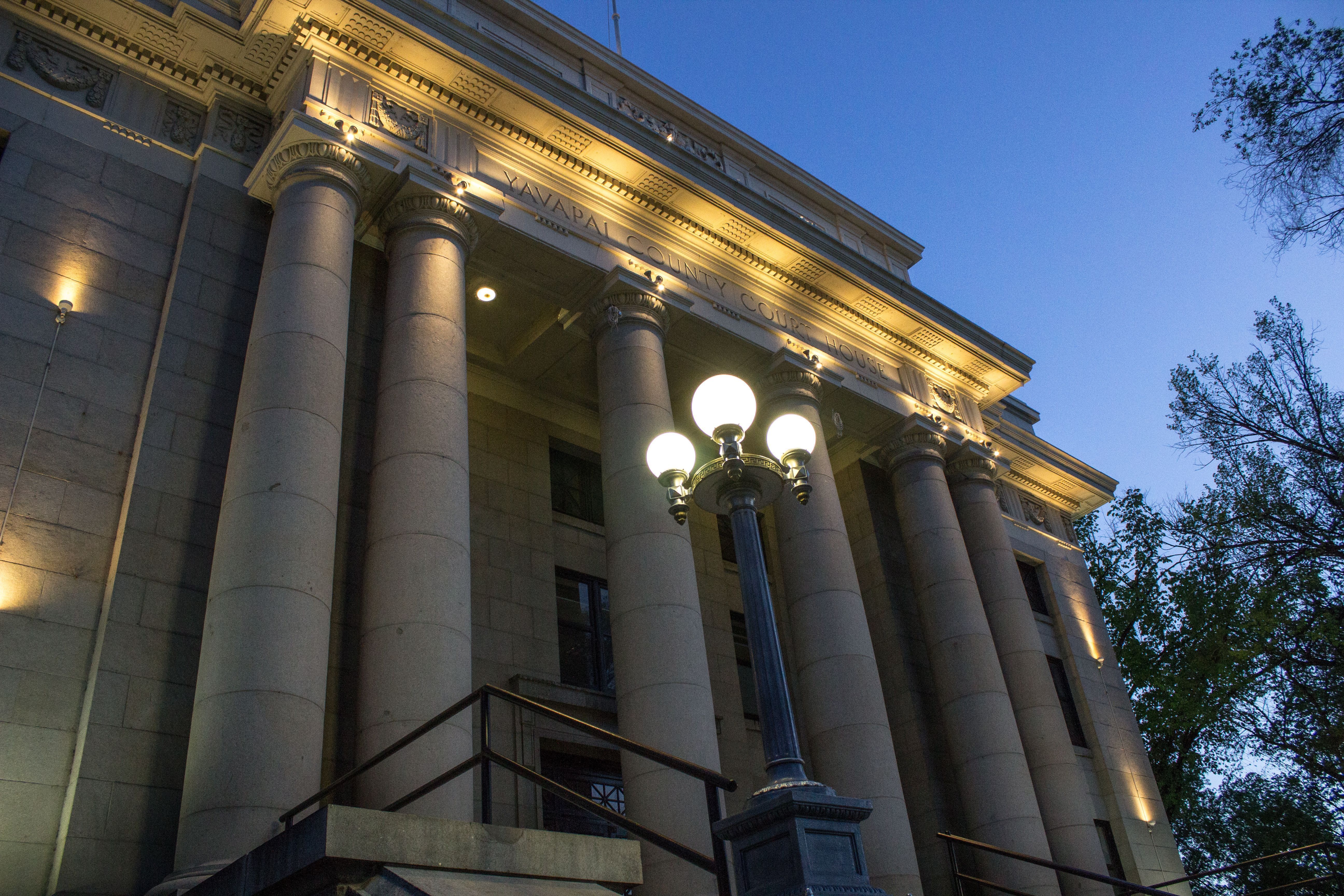 Yavapai County Courthouse on the historic Plaza in downtown Prescott, Arizona, surrounded by hotels and lodging on Whiskey Row