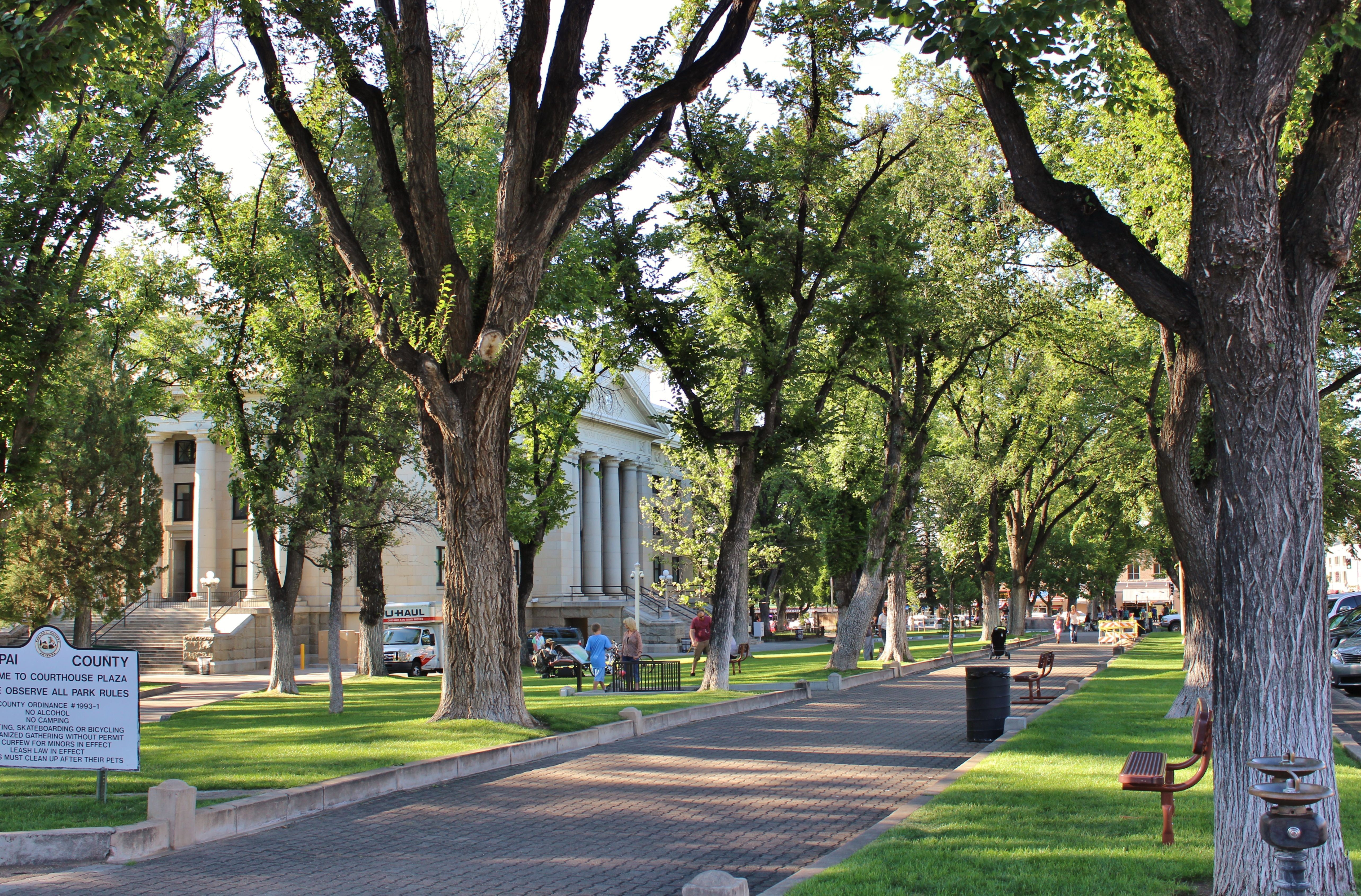 Yavapai Courthouse Plaza brick walkway under historic elms in downtown Prescott, Arizona